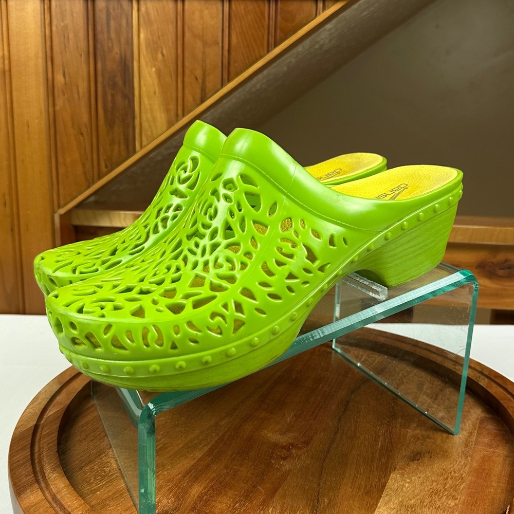 Dansko Lime Green Rubber Floral Filigree Cut Out Clogs Mules Size 42